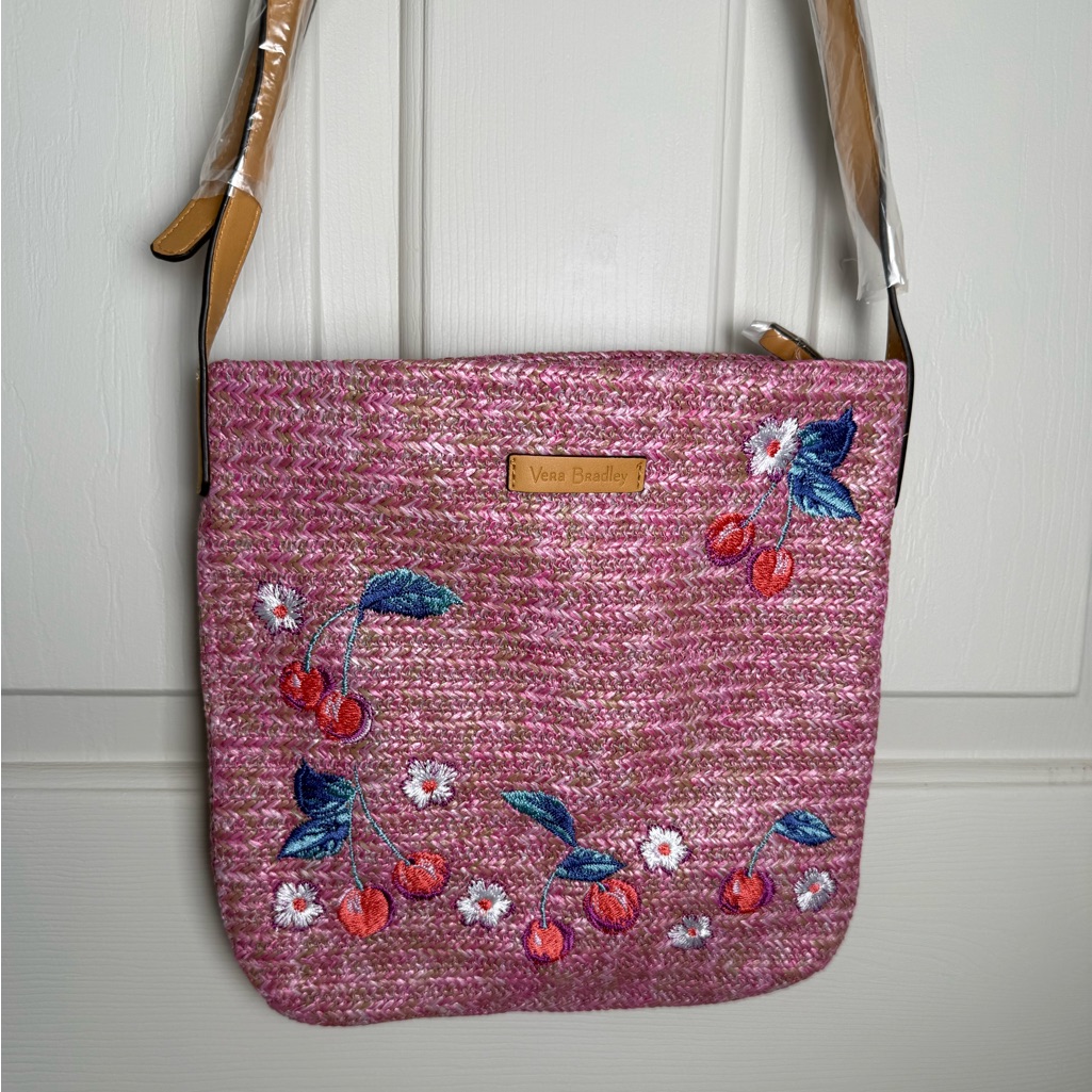 Nwt Vera Bradley Pink Cherry Straw Crossbody Purse Retired
